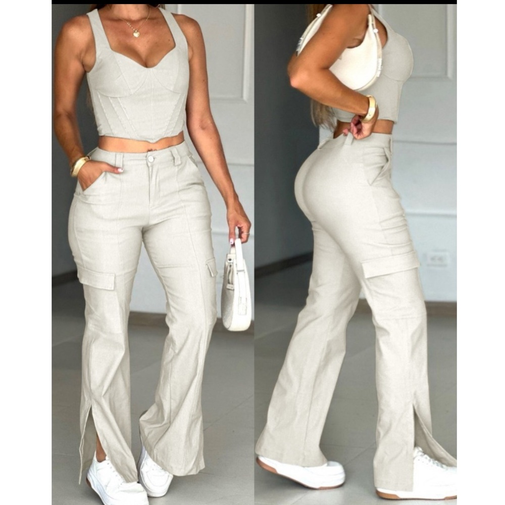 Khaki Crop Top and Cargo Pant Set Size L - Picture 2 of 4
